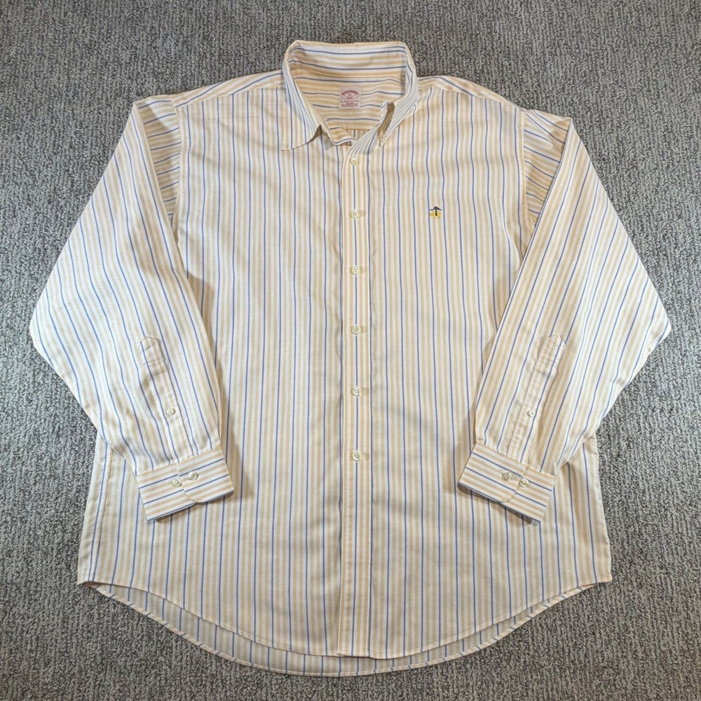 Brooks Brothers Button Down Shirt Men XL Yellow Blue Striped Non-Iron Supima 346